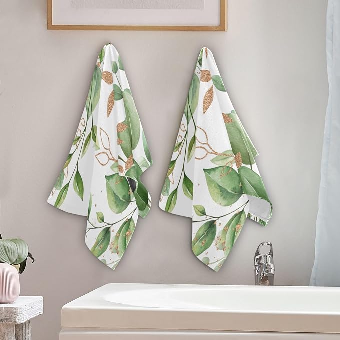 Green Gold White Leaves Hand Towels - Image 3
