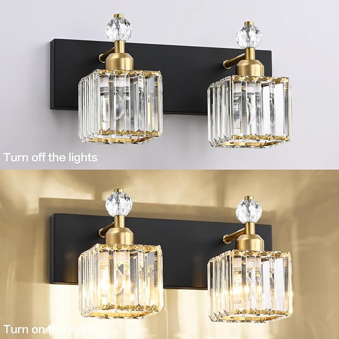 PRESDE Crystal 2 Light Bathroom Vanity Lights Black and Gold Bathroom Lights - Image 7