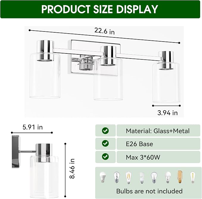 3-Light Modern Vanity Light Fixtures Over Mirror, Polished Chrome Bathroom - Image 2
