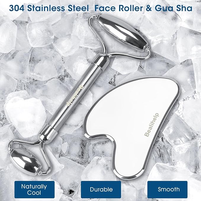 Bealihelp Face Roller and Gua Sha, Stainless Steel Facial Roller and Guasha Tool - Image 2