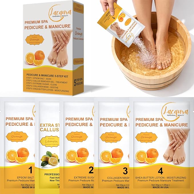 Deluxe Pedicure Kit 5 Step Spa Set – Epsom Salt Soak, Callus Remover Gel by Lacqura
