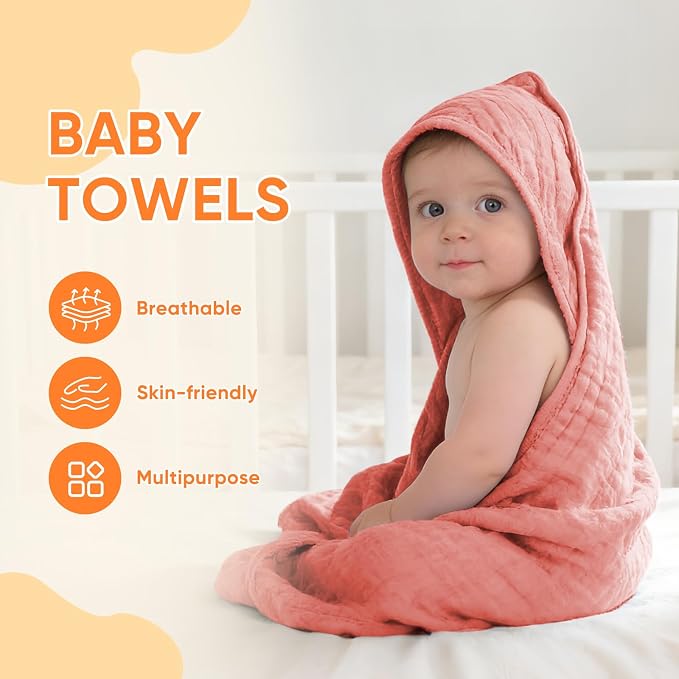 MIGIOL Muslin Hooded Baby Towels 100% Cotton ，Super Soft Muslin Baby Bath Towel - Image 3