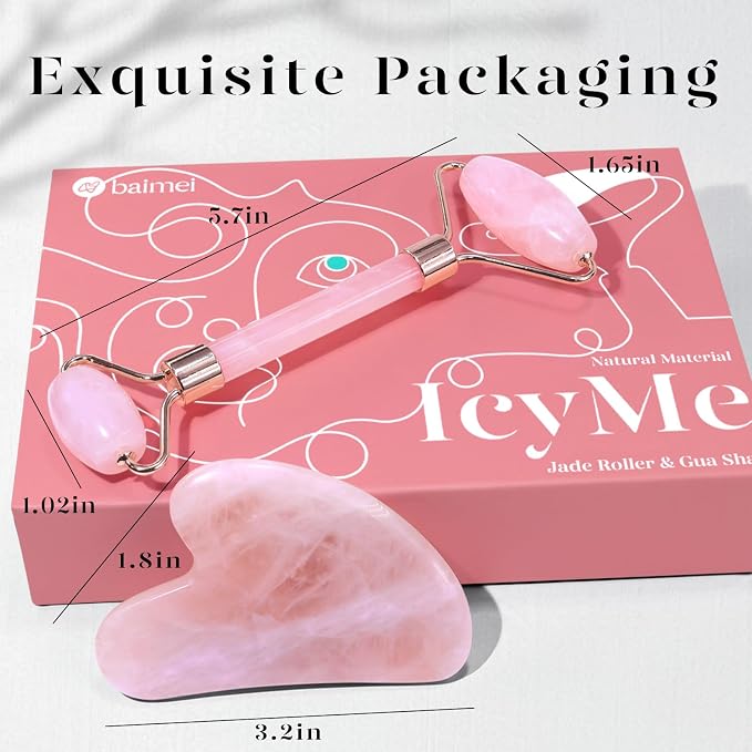 BAIMEI Rose Quartz Roller Set & Xiuyan Jade Gua Sha – Face Massager Tool and - Image 9