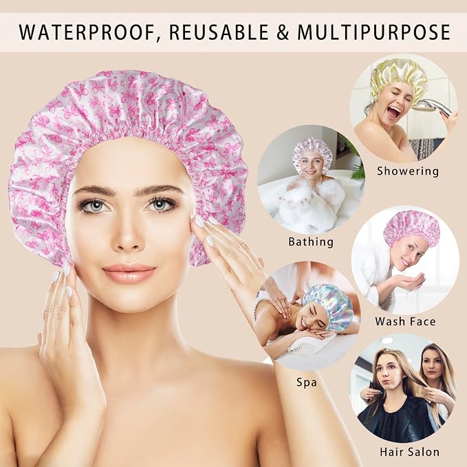 Shower Caps for Women, Double Layers Shower Cap Reusable Waterproof, Bathing - Image 3