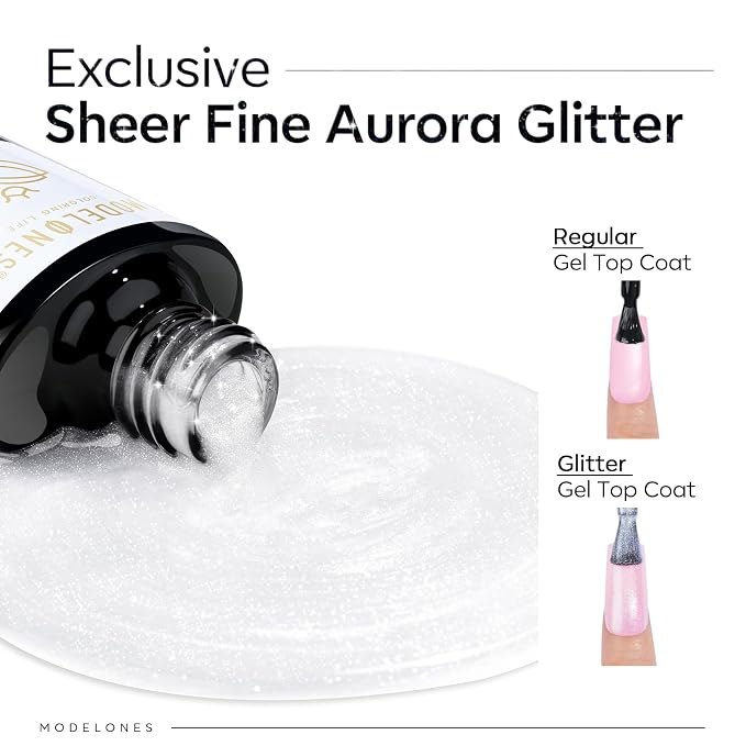 modelones Glitter Gel Top Coat, Ultra Fine White Aurora Clear Glitter Gel - Image 2