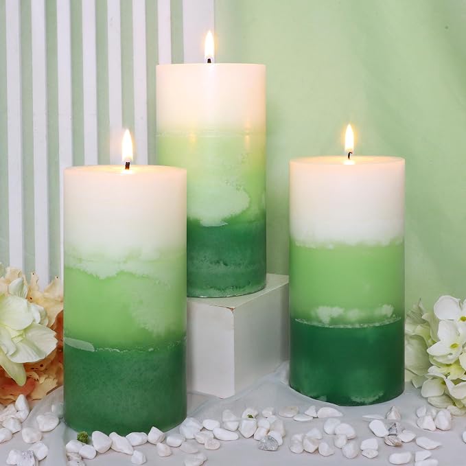Pillar Candles 3x6 Inch Eucalyptus Scented Hand-Poured 3-Layers Green Gradient - Image 7
