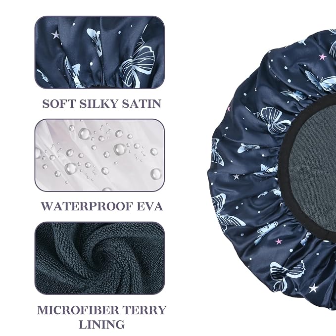 Blue Butterfly Print Satin Shower Cap, Three-Layer Terry Cloth Lined, - Image 3