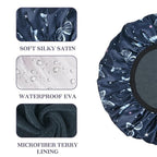 Blue Butterfly Print Satin Shower Cap, Three-Layer Terry Cloth Lined, - Image 3