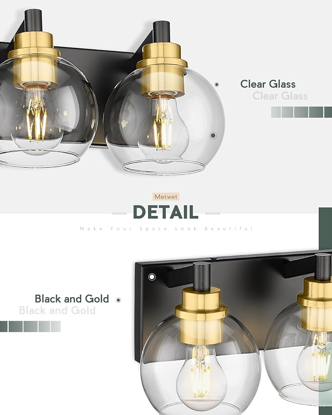 Bathroom Light Fixtures, 3-Light Black and Gold Bathroom Vanity Light, Modern - Image 3
