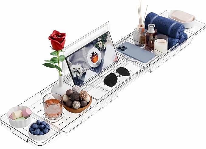 Yieach Luxury Clear Bathtub Shelf Across Tub, Expandable Plastic Bathtub Tray by Yieach