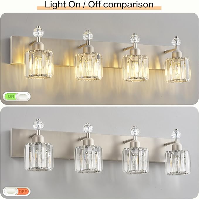 PRESDE 4-Light Brushed Nickel Vanity Light, Crystal Modern Bathroom Light Over - Image 4