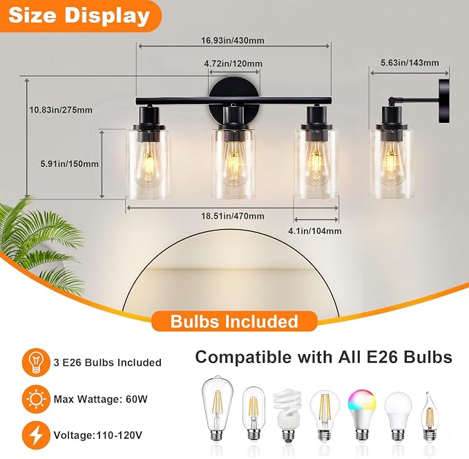 DLLT 3-Light Bathroom Light Fixtures: Black Modern Vanity Lights - Image 3