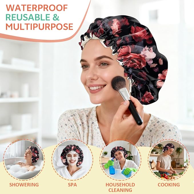 Shower Cap Reusable Double Layer Adjustable Elastic Waterproof EVA Hair Bath - Image 6