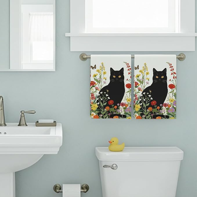 Accnicc 2 Pack Black Cat Bathroom Hand Towels Decorative Spring Floral Dish - Image 4