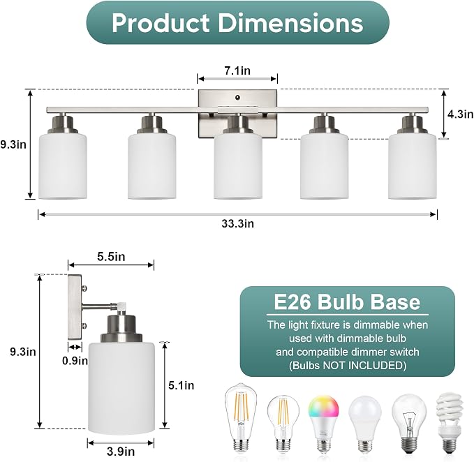 Ascher Bathroom Light Fixtures, 5-Light Vanity Light Over Mirror, Brushed - Image 2