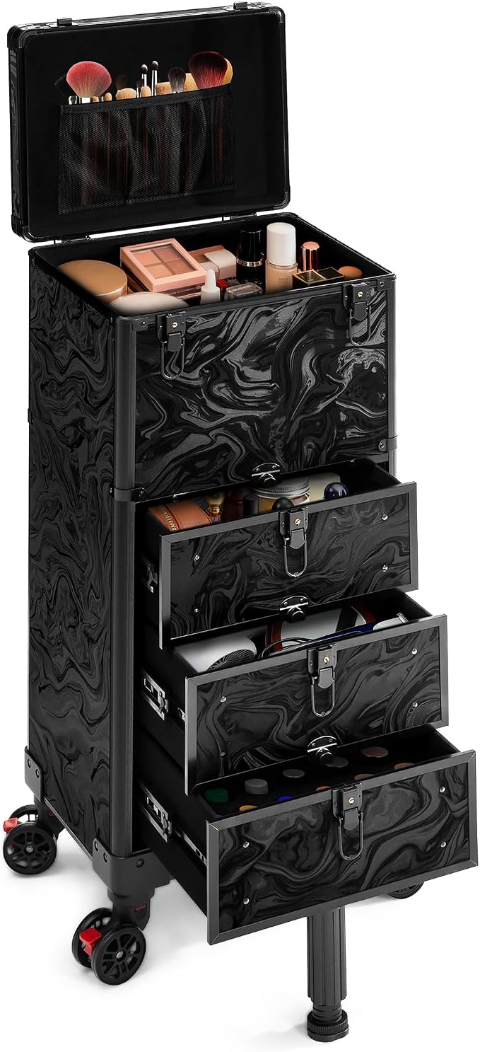 Rolling Makeup Train Case with 3 Drawers, Nail Trolley Cart Salon Station - Image 9