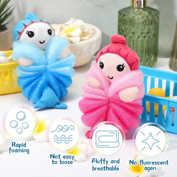 Nuenen 2 Pcs Bath Loofahs Kids Toddler Cute Cartoon Bath Sponges Loofah Pouf - Image 4