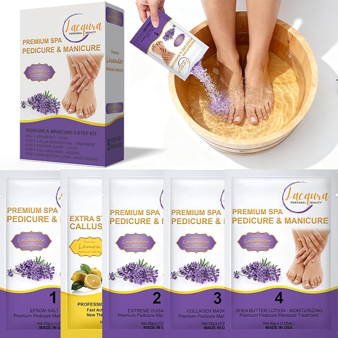Deluxe Pedicure Kit 5 Step Spa Set – Epsom Salt Soak, Callus Remover Gel by Lacqura