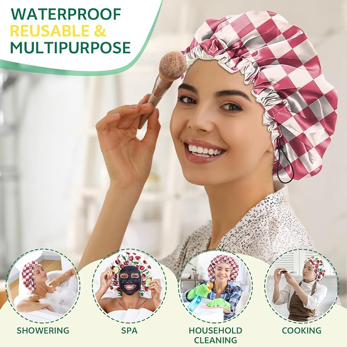 2 PCS Shower Cap Waterproof Double Layer Elastic Adjustable Reusable Hair Bath - Image 6