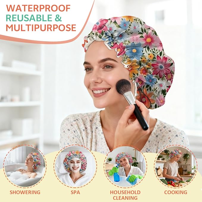 Shower Cap Reusable Double Layer Adjustable Elastic Waterproof EVA Hair Bath - Image 6