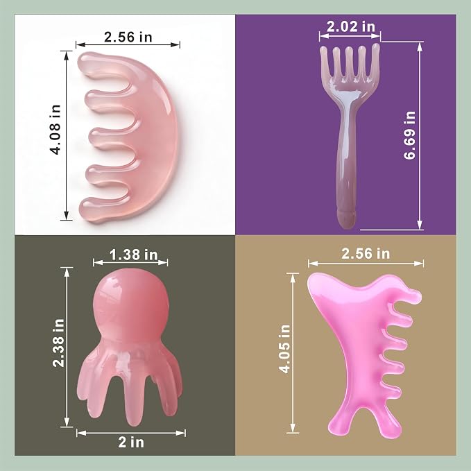 4 Pcs All-in-One Head Massager Set: Scalp Comb, Gua Sha, Octopus & Five Claw - Image 2