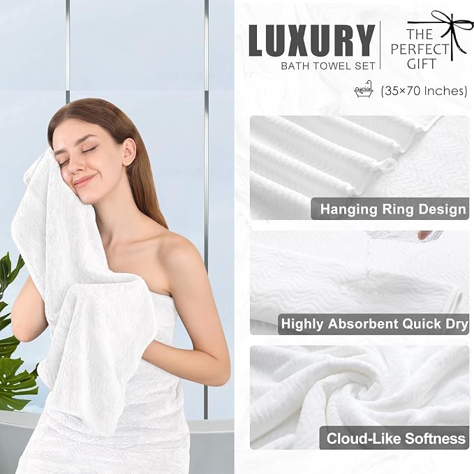 8 Piece Bath Towel Set White|2 Oversized Large Bath Sheet, 2 Hand Towels - Image 3