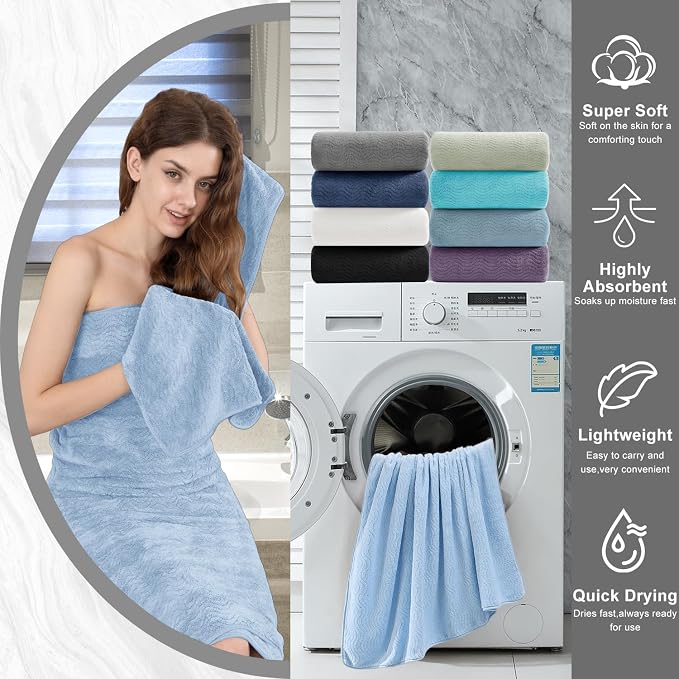 4 Piece Extra Large Bath Towel 35"x70" Oversized Bath Sheet Blue Bath Towel Set - Image 6