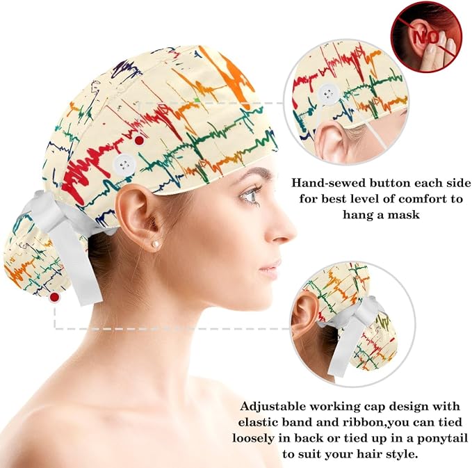 Women Working Cap with Buttons Bouffant Hat Autumn Leaves Nurse Scrub Caps Long - Image 3