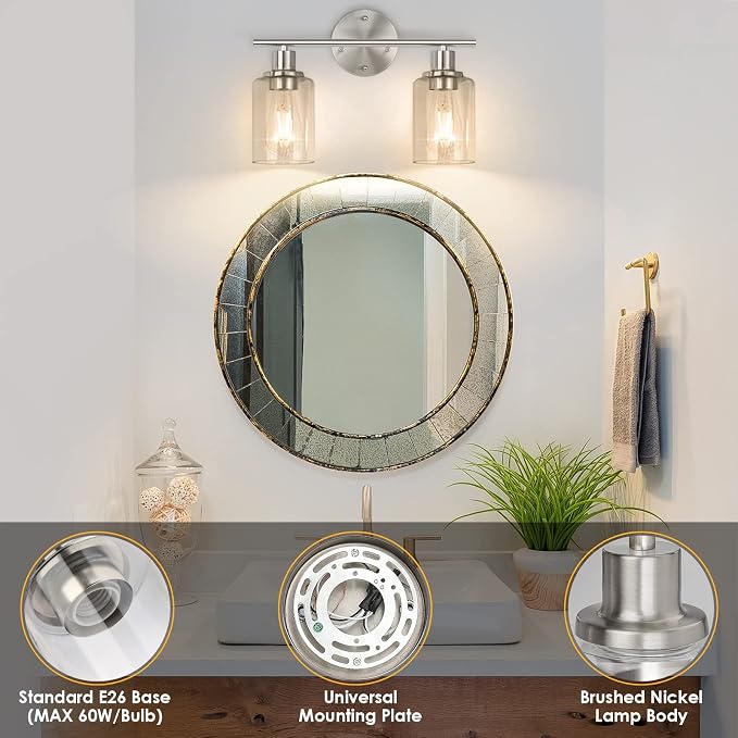 FOLKSMATE Bathroom Light Fixtures, 2-Light Brushed Nickel Vanity Light - Image 3