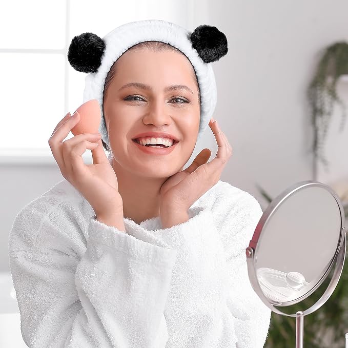 Pom Pom Panda Ears Plush Wash Face Headband Spa Wrist Band Cuffs Hair Scrunchy - Image 5