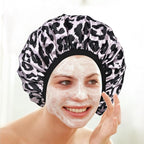 Pink Leopard Print Satin Shower Cap, Three-Layer Terry Cloth Lined, - Image 5