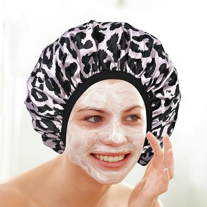 Pink Leopard Print Satin Shower Cap, Three-Layer Terry Cloth Lined, - Image 5