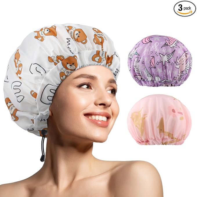 3 PCS Shower Caps for Women, Upgrade Comfortable & Extra Large & Double Layers by WINSTECK
