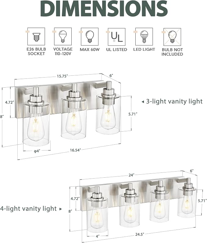 3-Light Bathroom Light Fixtures, Brushed Nickel Vanity Light - Image 3
