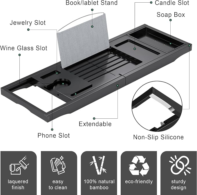 Foldable Bathtub Caddy Tray for Tub, Bamboo Expandable Bath Table Trays - Image 5