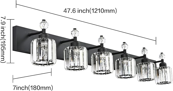 PRESDE 6-Light Crystal Bathroom Lights Fixtures Modern Matte Black Bathroom - Image 4