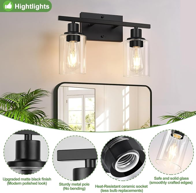 Indoi Matte Black 2-Light Bathroom Vanity Light - Image 3