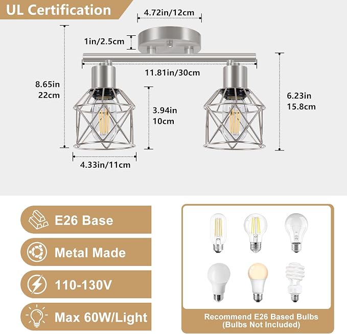 Baocuz 2-Light Brushed Nickel Semi Flush Mount Ceiling Light, Hallway Light - Image 2