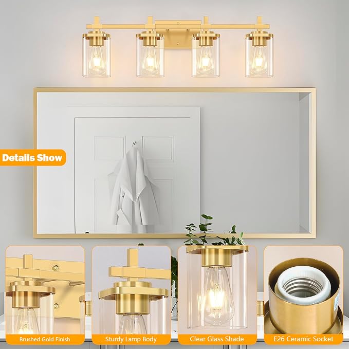 4-Lights Gold Bathroom Vanity Light Over Mirror, Brushed Gold Bathroom Wall - Image 3