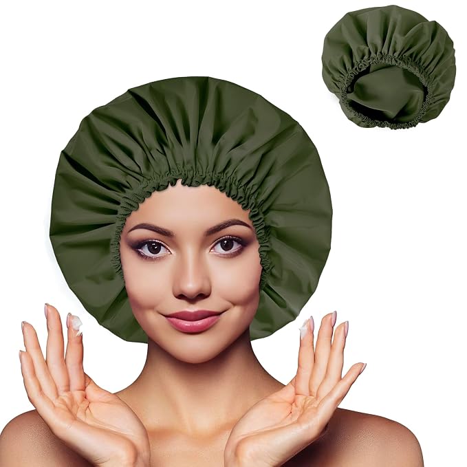 Shower Cap for Women, Double Layer Waterproof Bath Cap, Reusable Hair Protector - Image 2