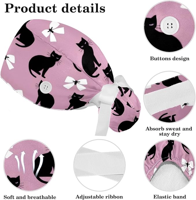 Scrub Caps Women Ponytail Cute Pink and White Leaves Caps Bouffant Working Hat - Image 4