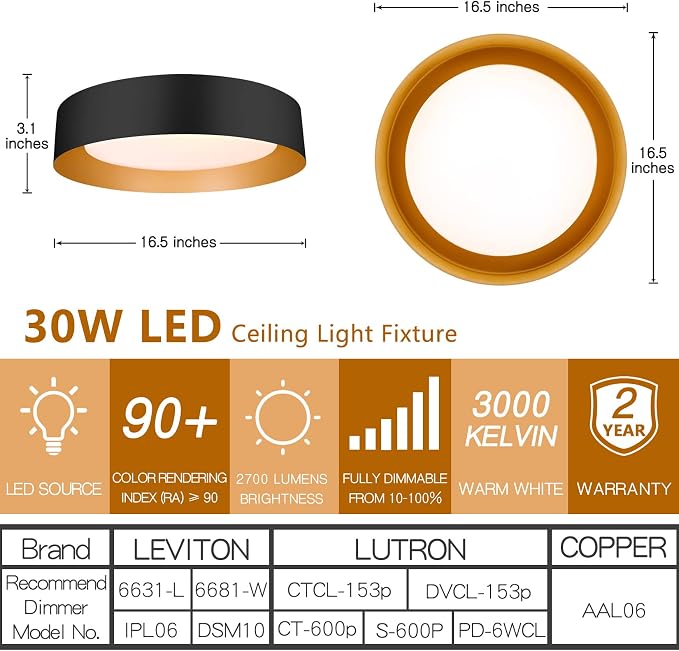 Bargeni 16.5 Inch LED Ceiling Light Fixture, Dimmable Flush Mount Matte Black - Image 3