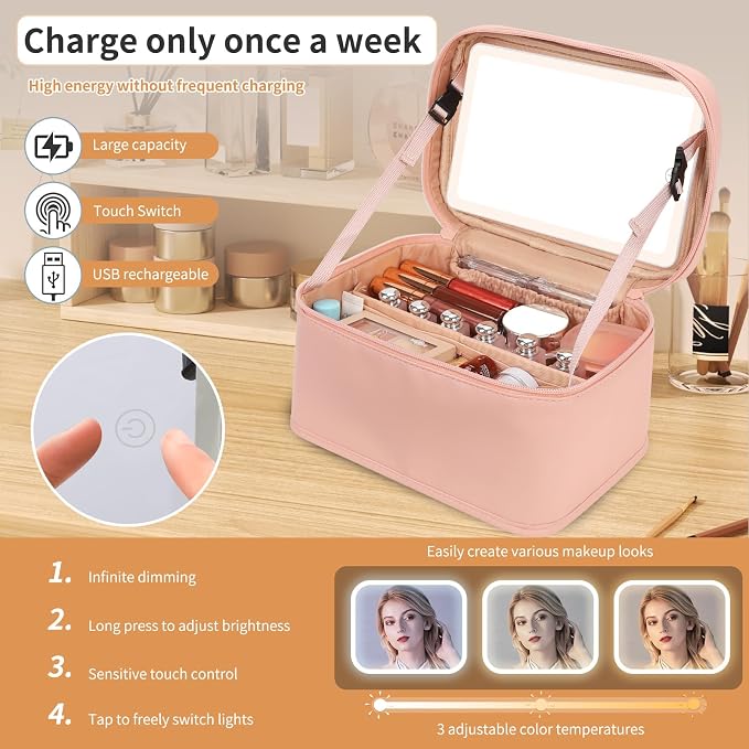 Makeup Bag With LED Mirror, Lightweight Travel Makeup Bag With 3 Color Setting - Image 5
