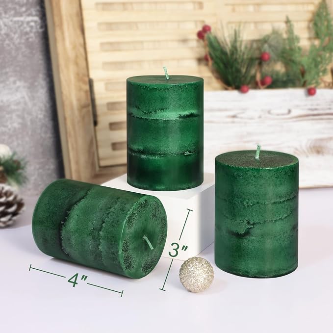 Fir Pine Scented Pillar Candles 3x4 Inch Dark Green 3-Layered Handcraft Holiday - Image 5