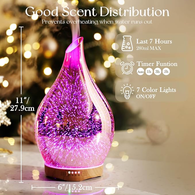Porseme 280ml Essential Oil Diffuser, 3D Glass Aromatherapy Diffusor, - Image 3
