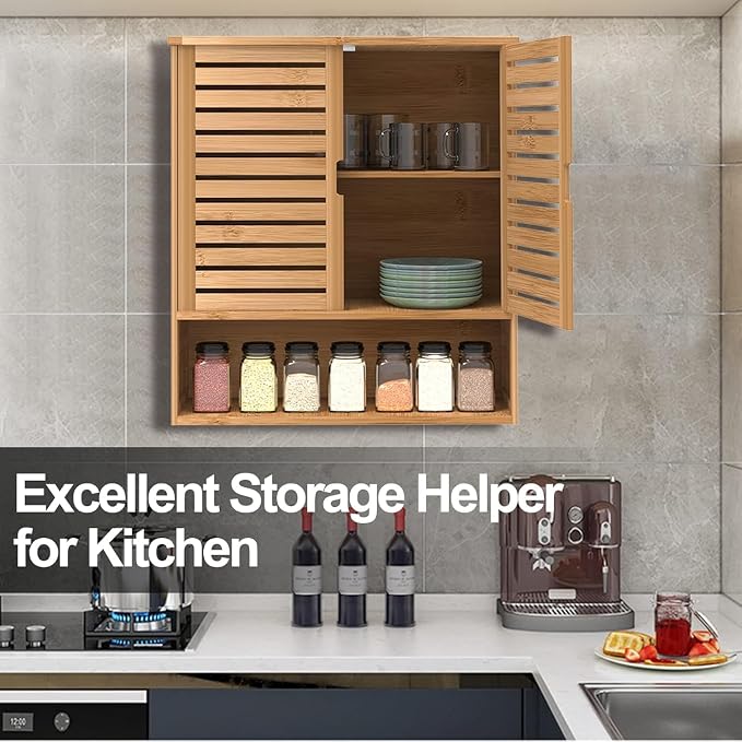 Bathroom Wall Cabinet, Bamboo Storage Cabinet Wall Mounted, Wall Hanging Cabinet - Image 4