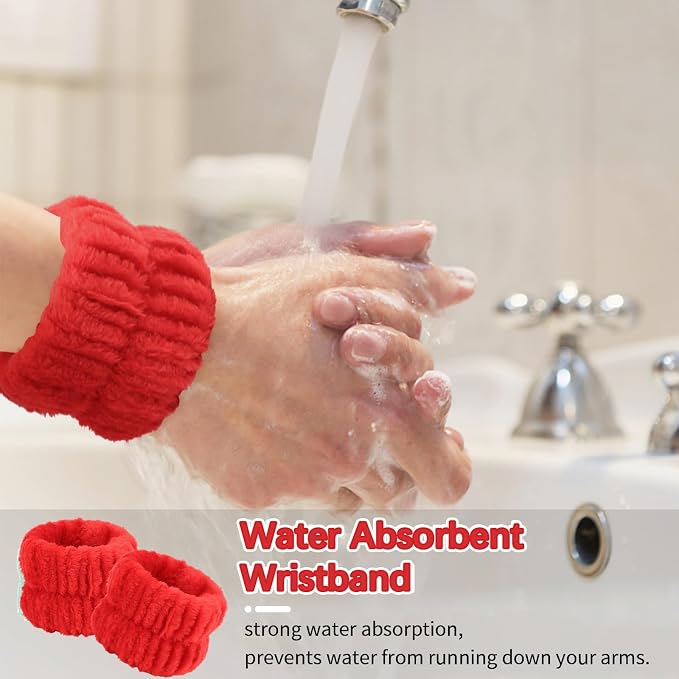WHAVEL 6PCS Red Spa Headband and Wristbands Set, Valentine's Day Face Wash - Image 3
