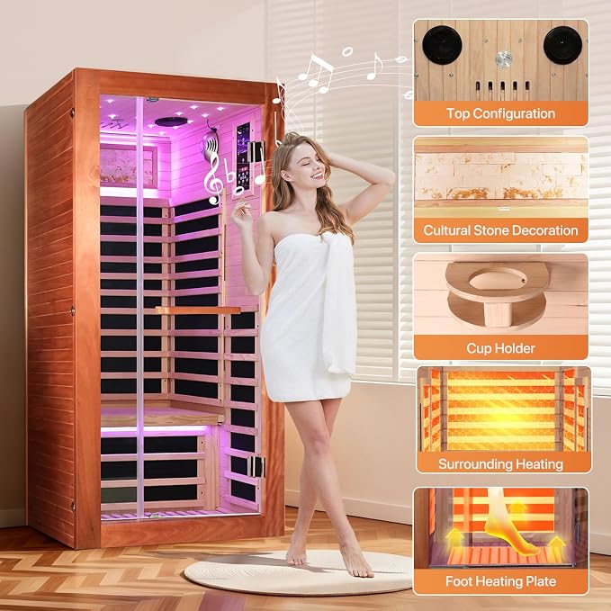 OUTEXER Sauna One Person Far Infrared Saunas Room African Mahogany Wood 1350W - Image 6
