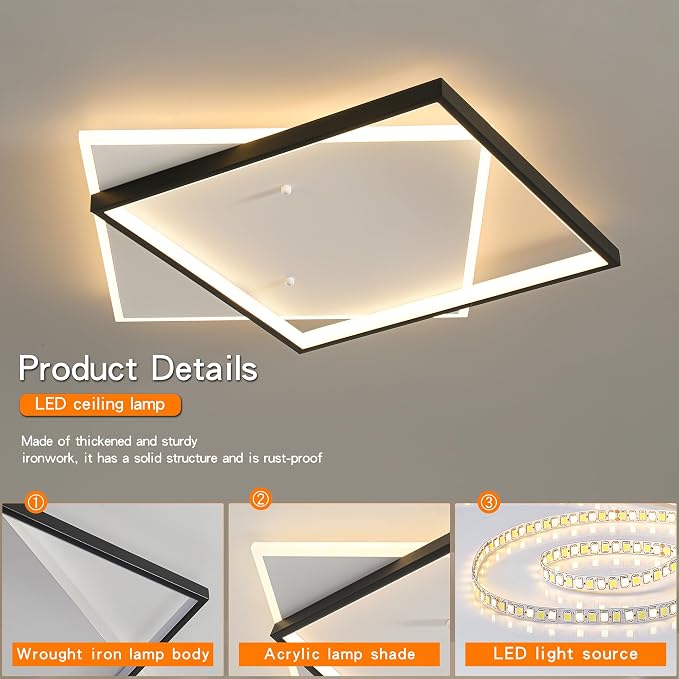 Shine LUEST Black Modern LED Bedroom Ceiling Light Dimmable Flush Mount Ceiling - Image 6