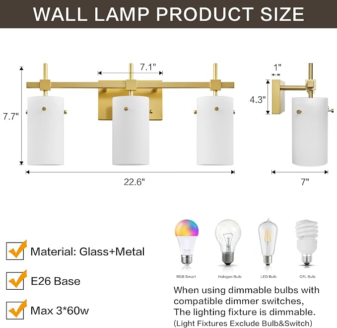 SOLFART 3-Light Bathroom Vanity Light, Modern Brushed Gold Wall Lights - Image 9